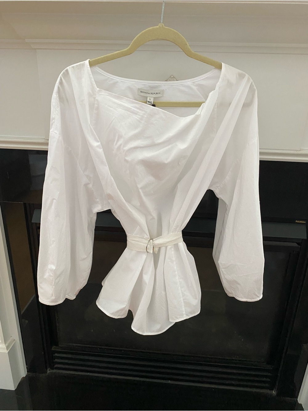 NWT Banana Republic Blouse Sz L White Cotton Poplin Cinch Waist